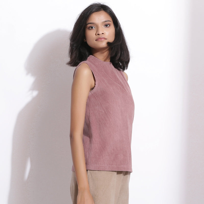 Right View of a Model wearing Mauve Cotton Corduroy Funnel Neck Top