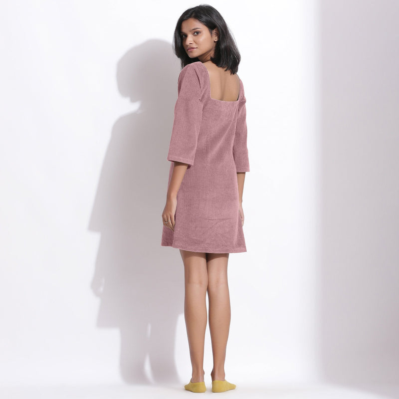 Back View of a Model wearing Mauve Cotton Corduroy Square Neck Dress