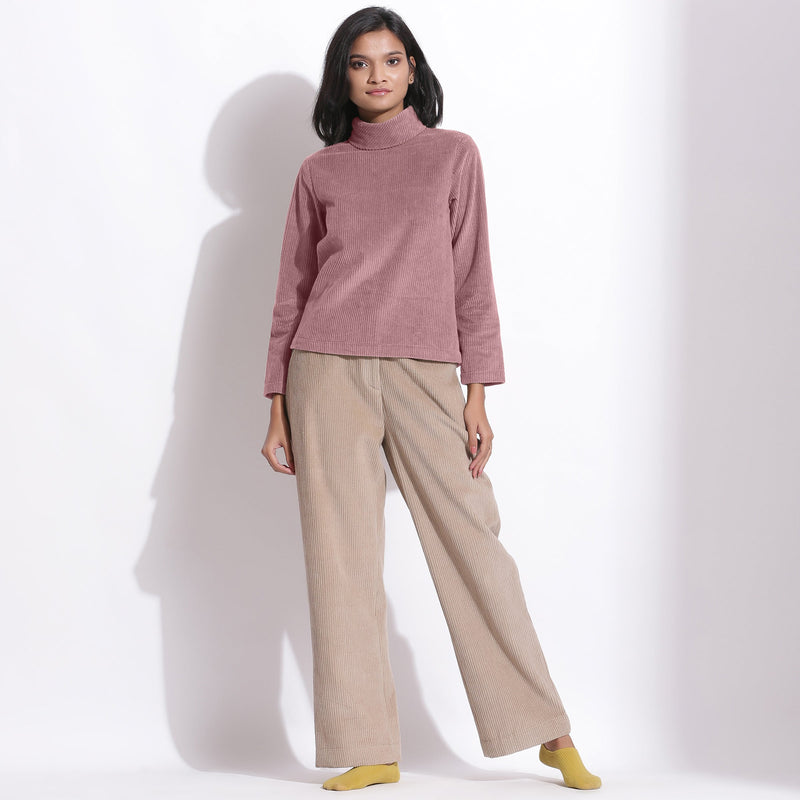 Front View of a Model wearing Mauve High Neck Top and Wide-Legged Pant Set