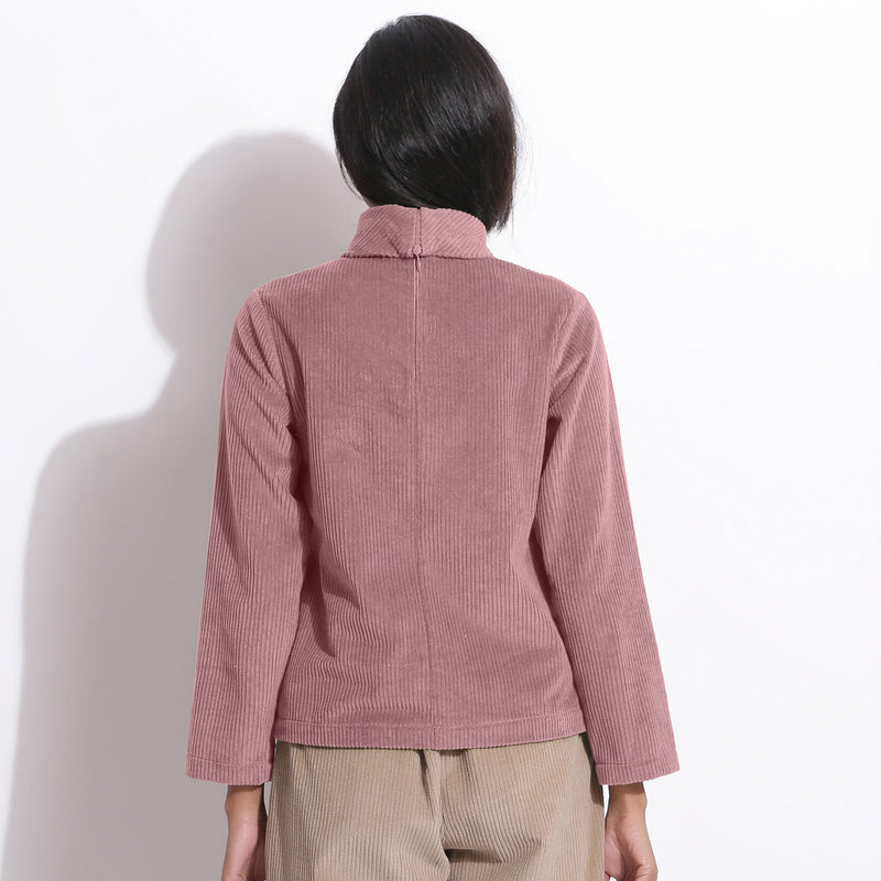 Back View of a Model wearing Mauve Corduroy High Neck Top