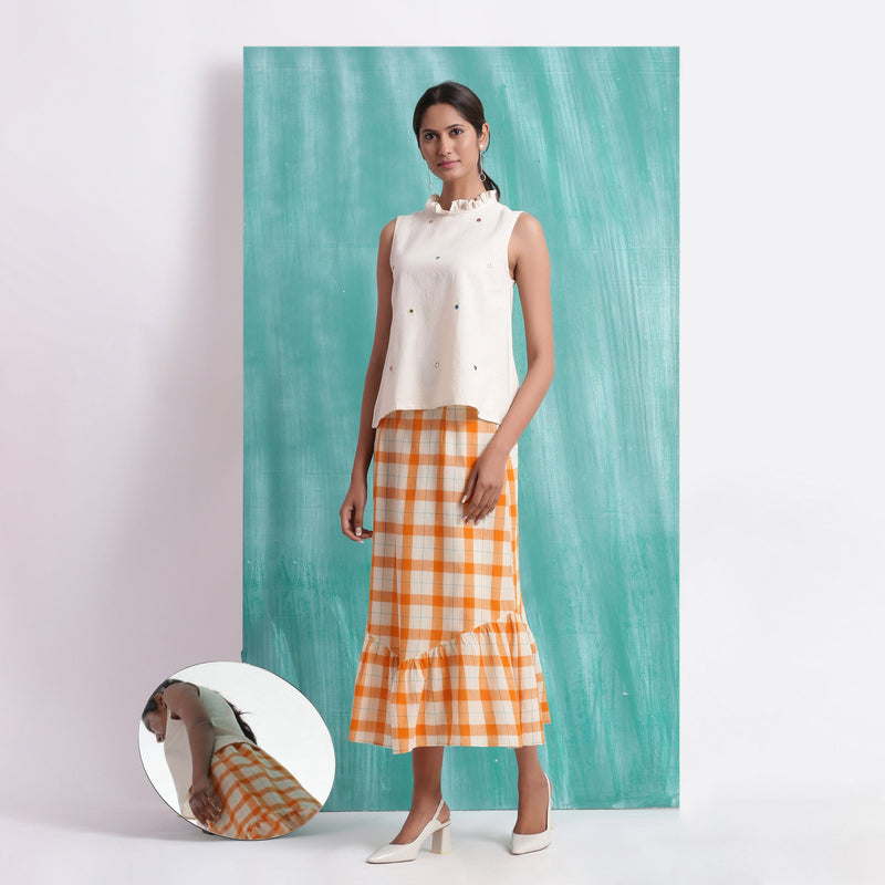 Melon Orange Handspun Cotton Elasticated Tiered Midi Skirt