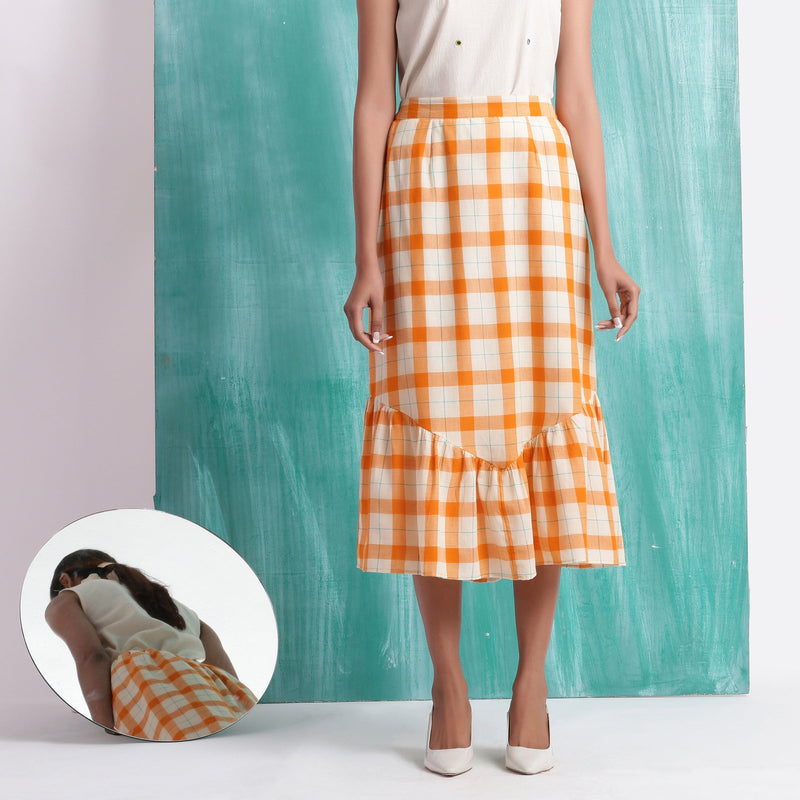 Melon Orange Handspun Cotton Elasticated Tiered Midi Skirt