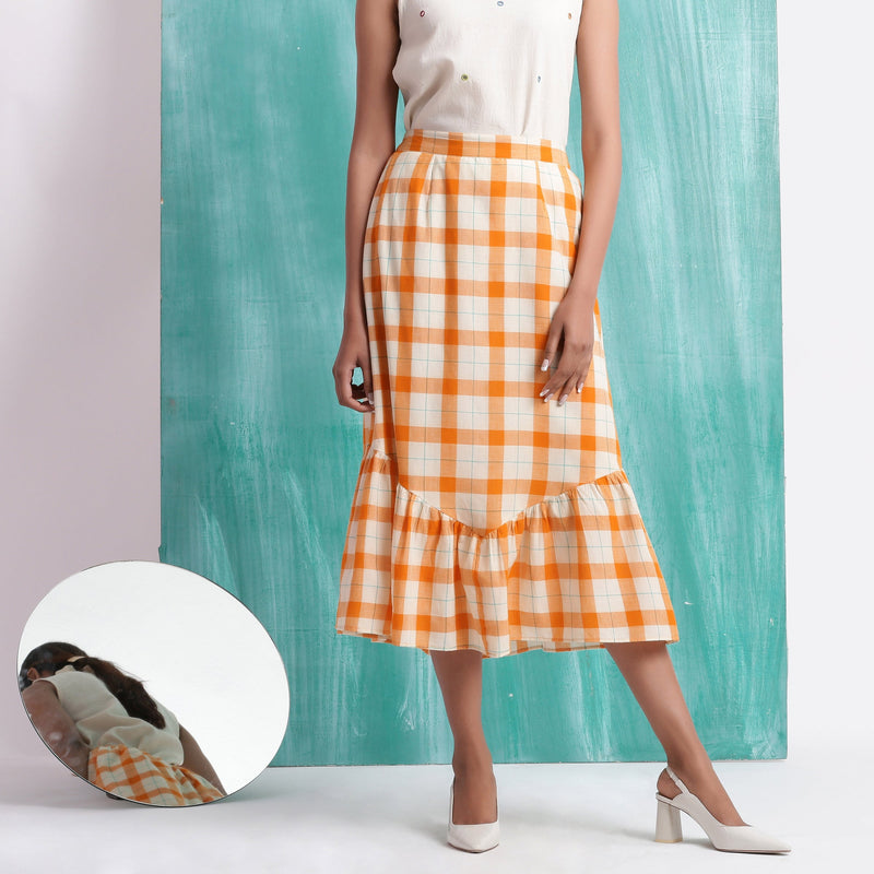 Melon Orange Handspun Cotton Elasticated Tiered Midi Skirt