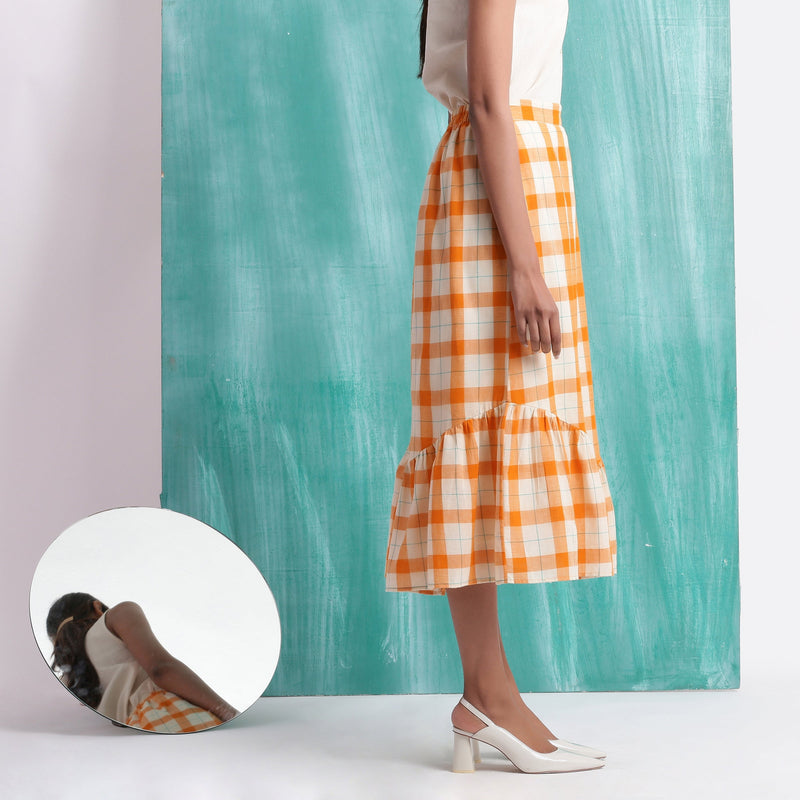 Melon Orange Handspun Cotton Elasticated Tiered Midi Skirt