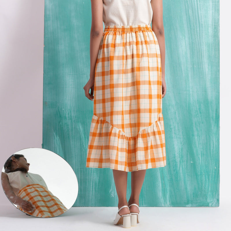 Melon Orange Handspun Cotton Elasticated Tiered Midi Skirt