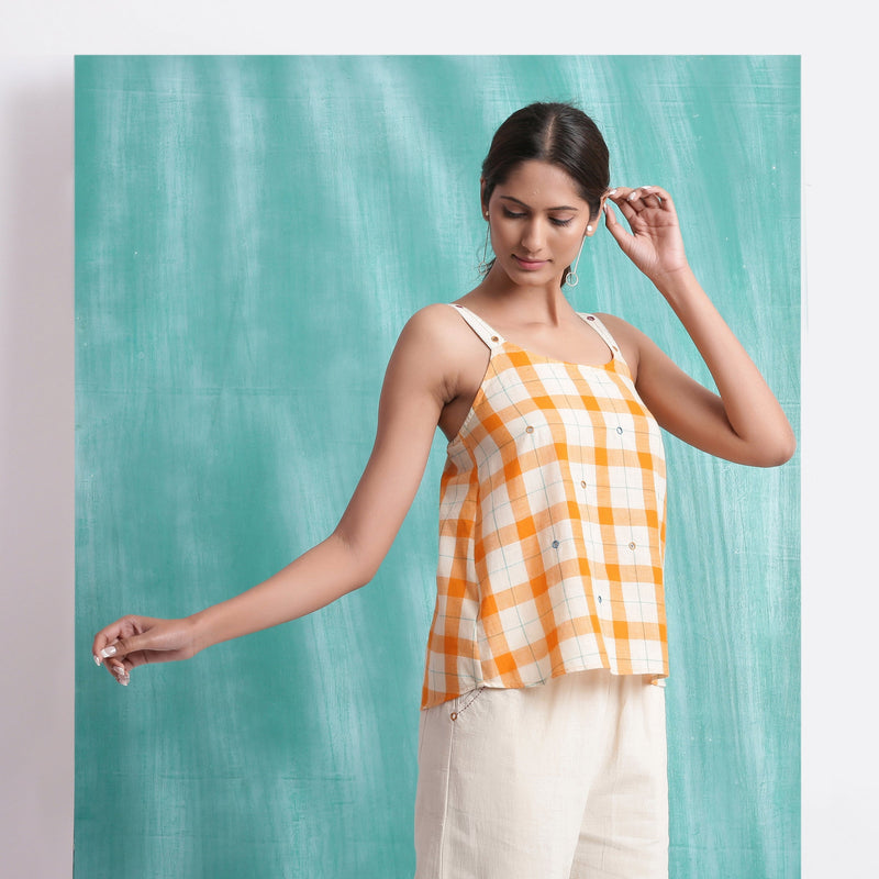 Melon Orange Mirror Work 100% Cotton Strap Sleeve Tank Top