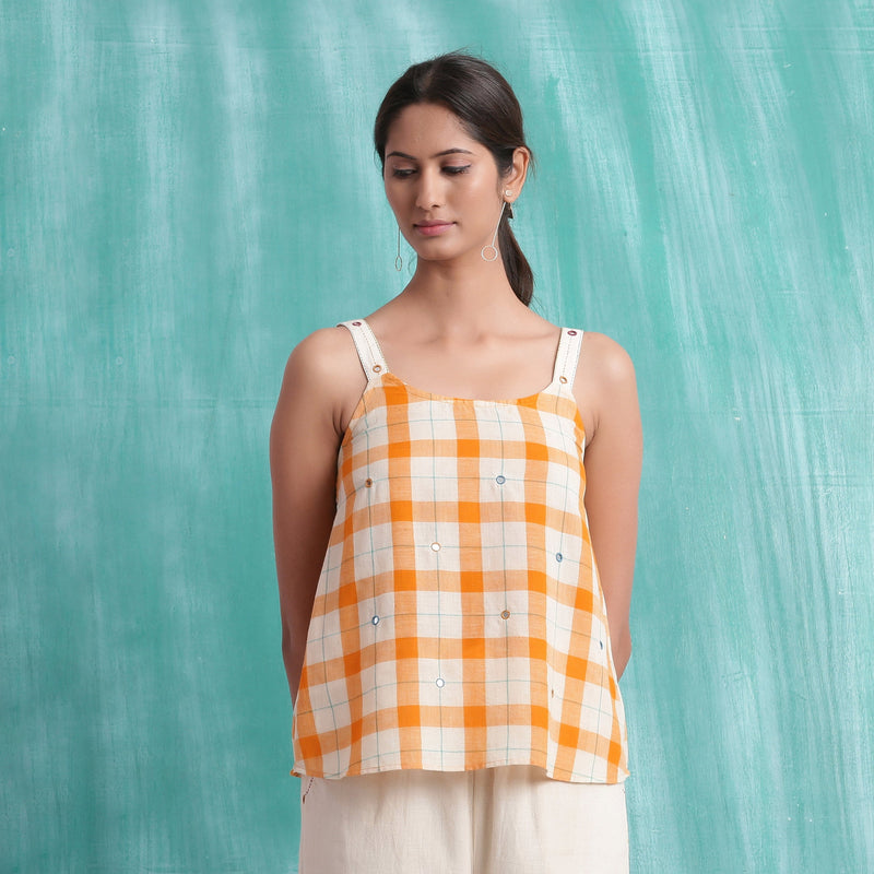 Melon Orange Mirror Work 100% Cotton Strap Sleeve Tank Top