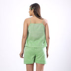 Back View of a Model wearing Handspun Mint Green Flared Camisole Top