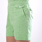 Left Detail of a Model wearing Melon Orange Handspun Mirror Work Shorts