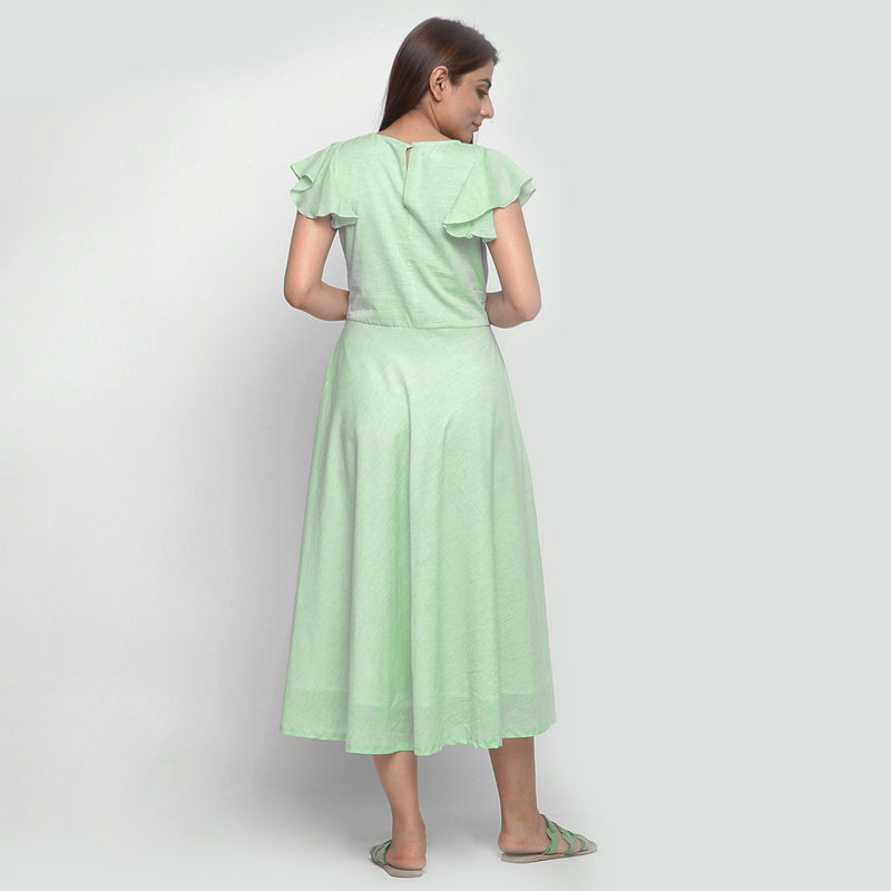 Back View of a Model wearing Mint Green Cotton Fit and Flare Dress