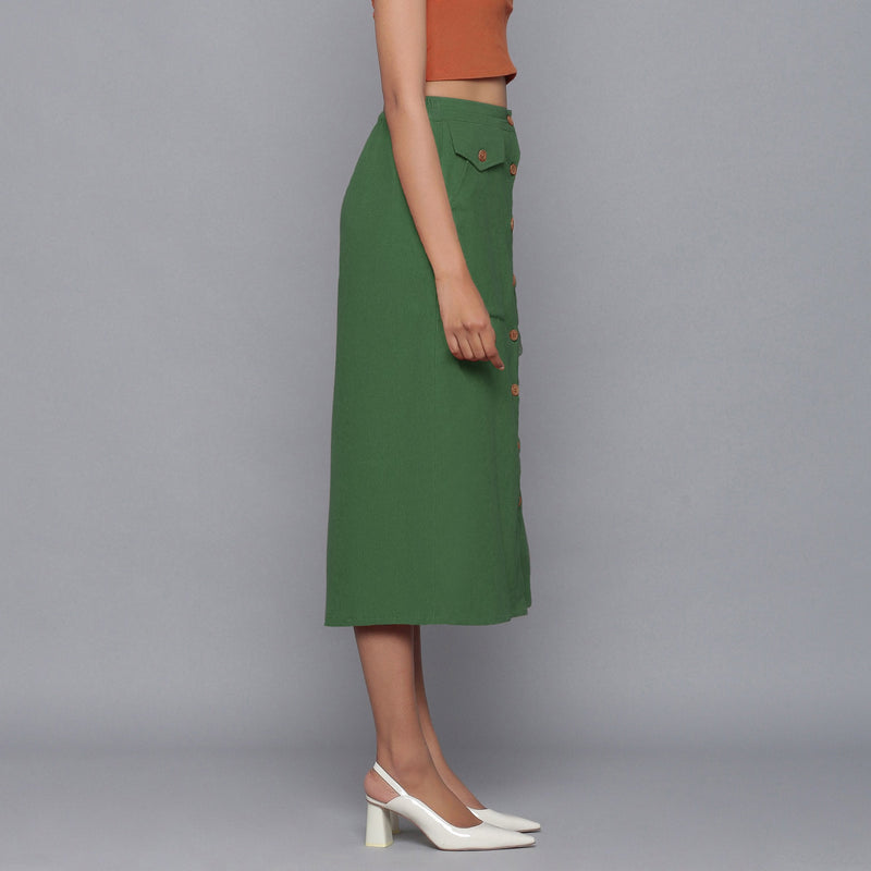 Right View of a Model wearing Moss Green Button-Down Midi Skirt