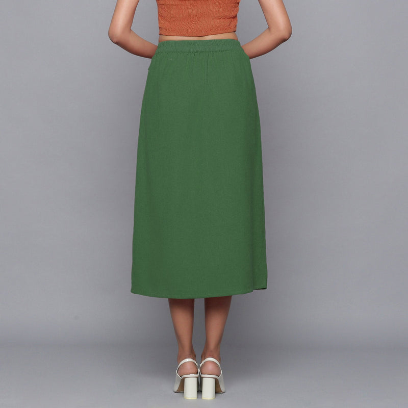 Back View of a Model wearing Moss Green Button-Down Midi Skirt