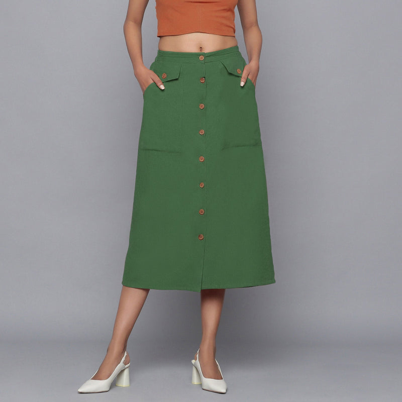 Front View of a Model wearing Moss Green Button-Down Midi Skirt