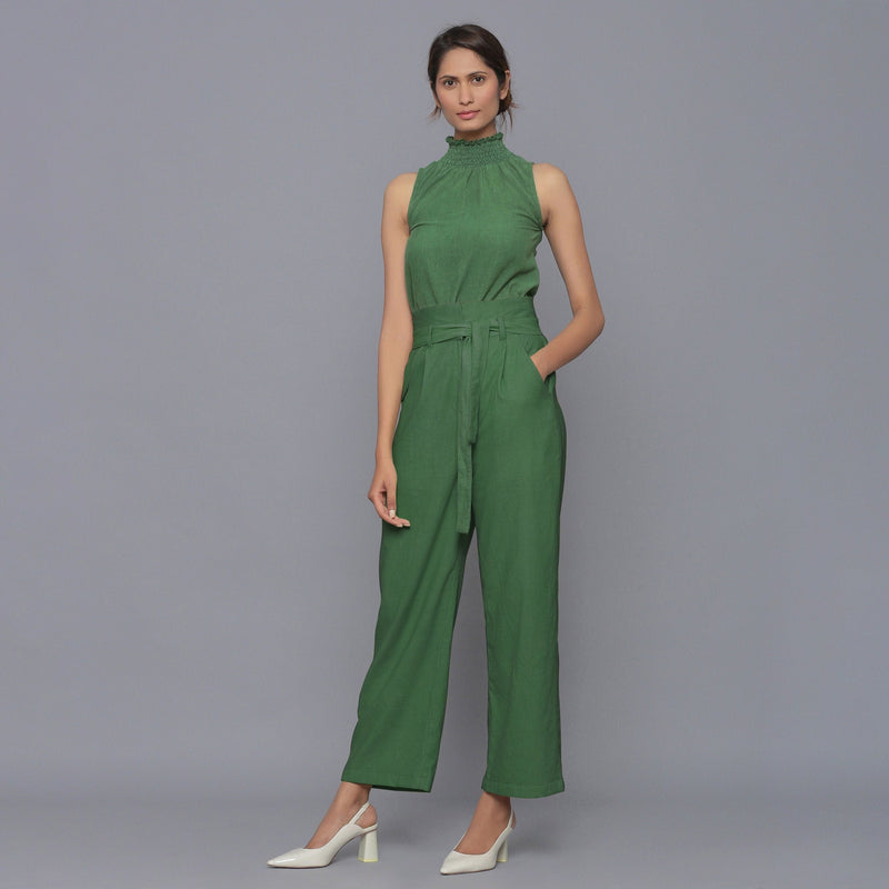 Front View of a Model wearing Moss Green Corduroy Top and Pant Co-ord Set