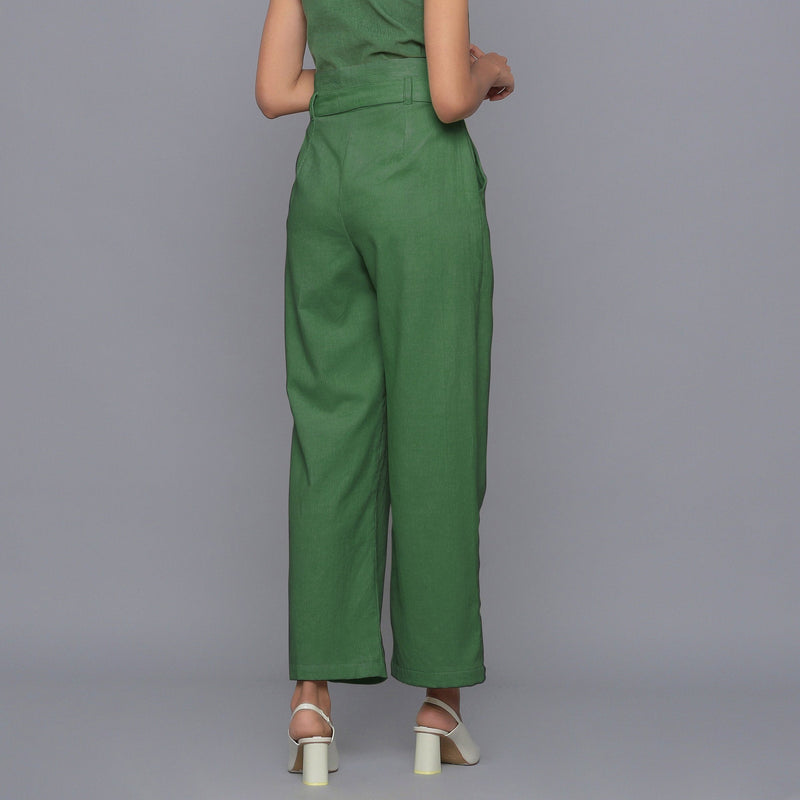 Back View of a Model wearing Moss Green Cotton Corduroy Pant