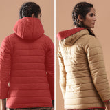 Back View of a Model wearing Brick Red Reversible Detachable Hoodie Quilted Cotton Jacket
