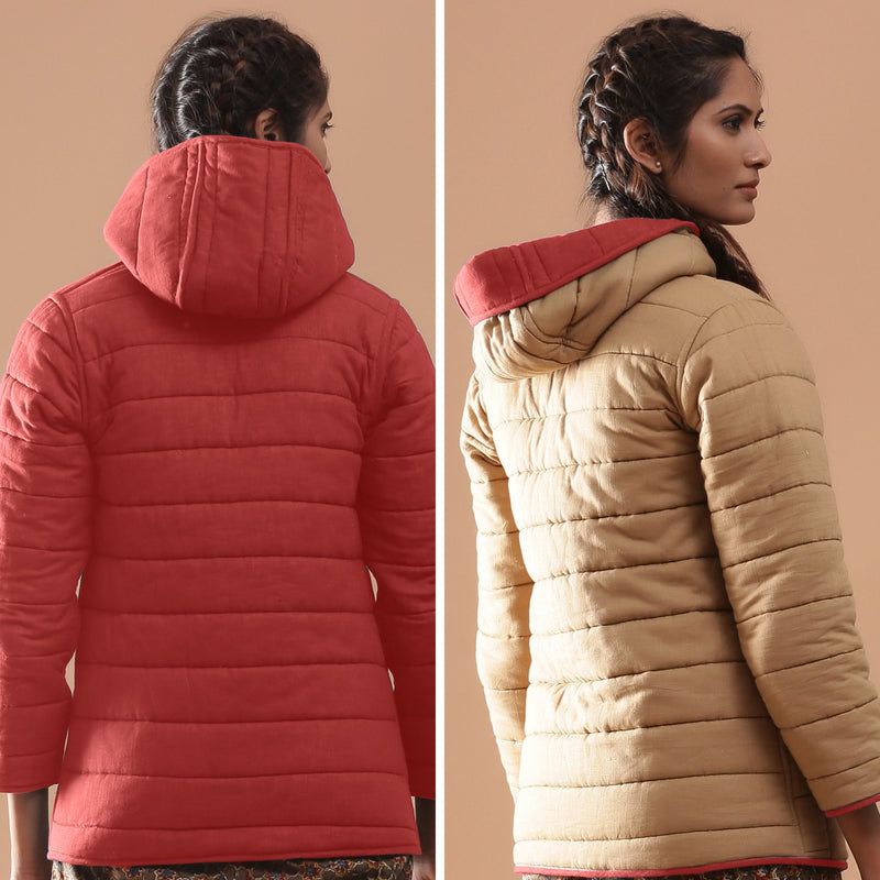 Back View of a Model wearing Brick Red Reversible Detachable Hoodie Quilted Cotton Jacket