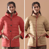 Front View of a Model wearing Brick Red Reversible Detachable Hoodie Quilted Cotton Jacket