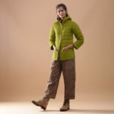 Left View of a Model wearing Green Reversible Detachable Hoodie Quilted Cotton Jacket