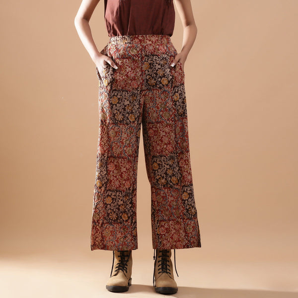 Front View of a Model wearing Muddy Red Wide-Leg Kalamkari Slit Pant