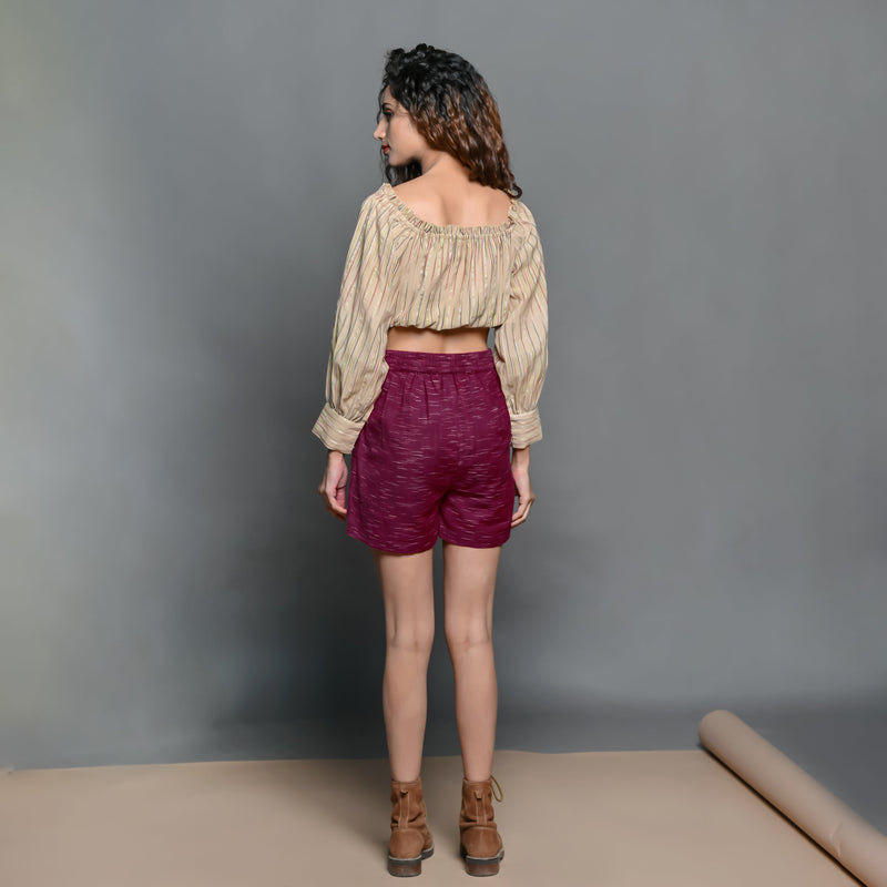 Back View of a Model wearing Mulberry Handspun Cotton Elasticated Shorts
