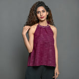 Front View of a Model wearing Mulberry Handspun Cotton Halter Neck Top