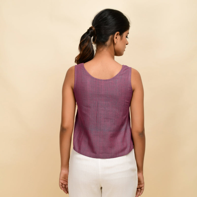 Back View of a Model wearing Mulberry Handspun Cotton Sleeveless Short Top