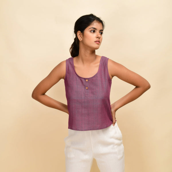 Front View of a Model wearing Mulberry Handspun Cotton Sleeveless Short Top