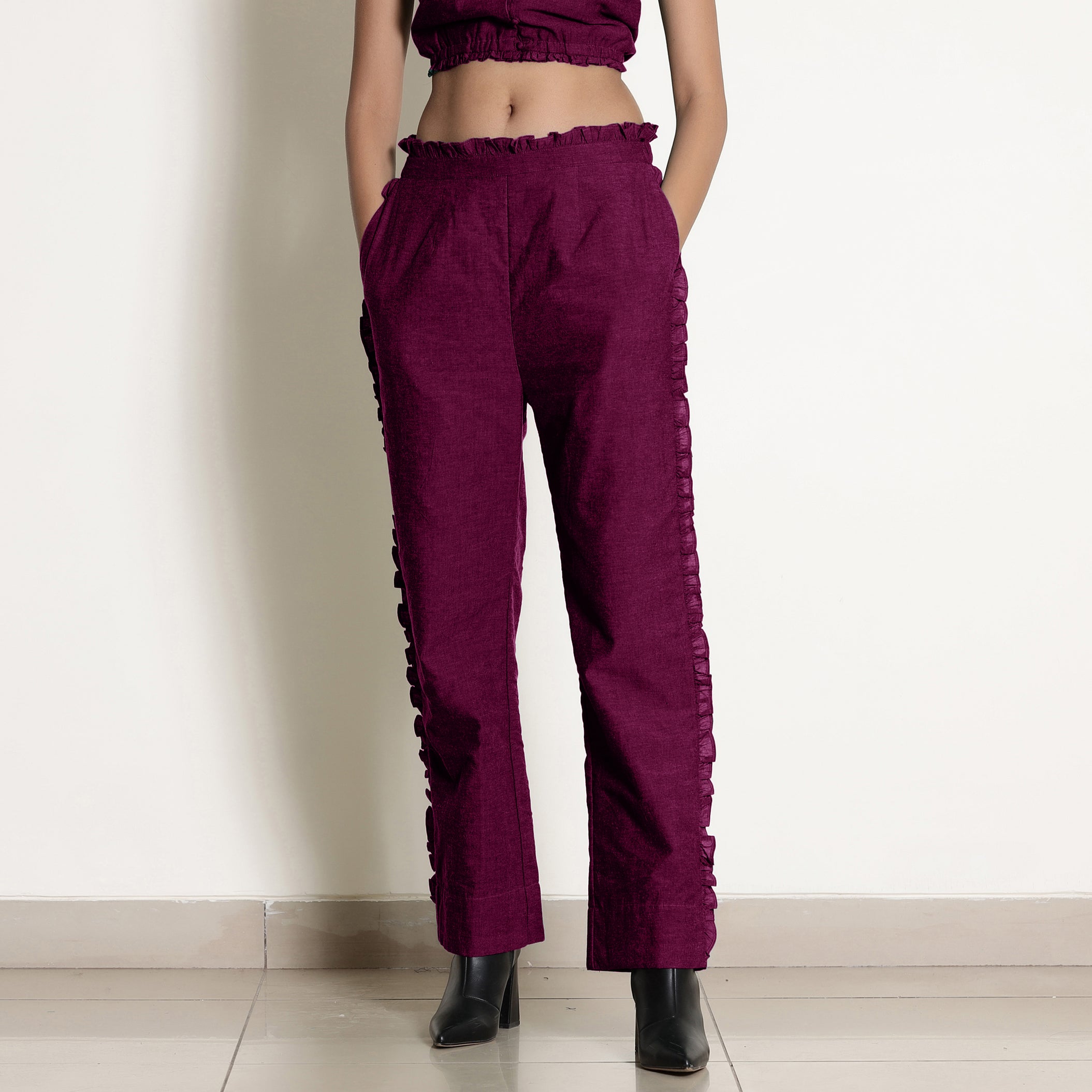 Mulberry Warm Frill Cotton Top and Mulberry Elasticated Pant Co-ord Set