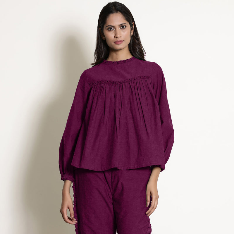 Mulberry Warm Frill Cotton Top and Mulberry Elasticated Pant Co-ord Set