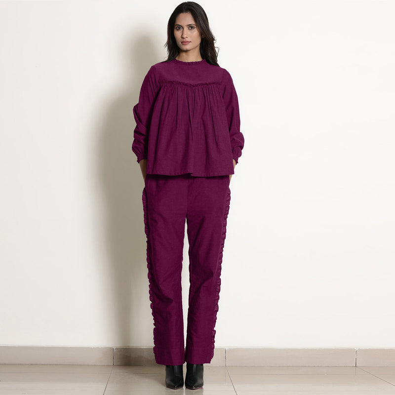 Mulberry Warm Frill Cotton Top and Mulberry Elasticated Pant Co-ord Set