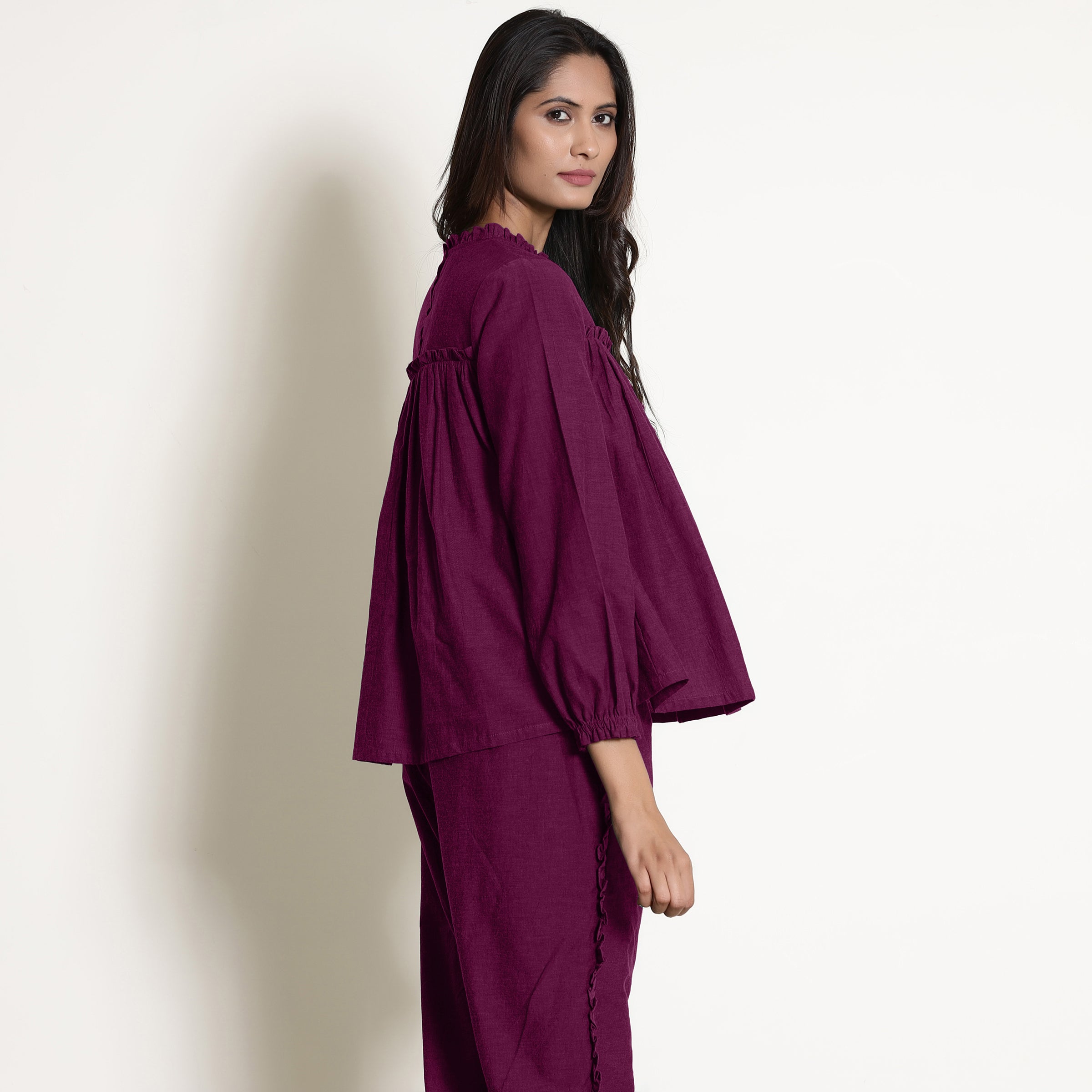 Mulberry Warm Frill Cotton Top and Mulberry Elasticated Pant Co-ord Set