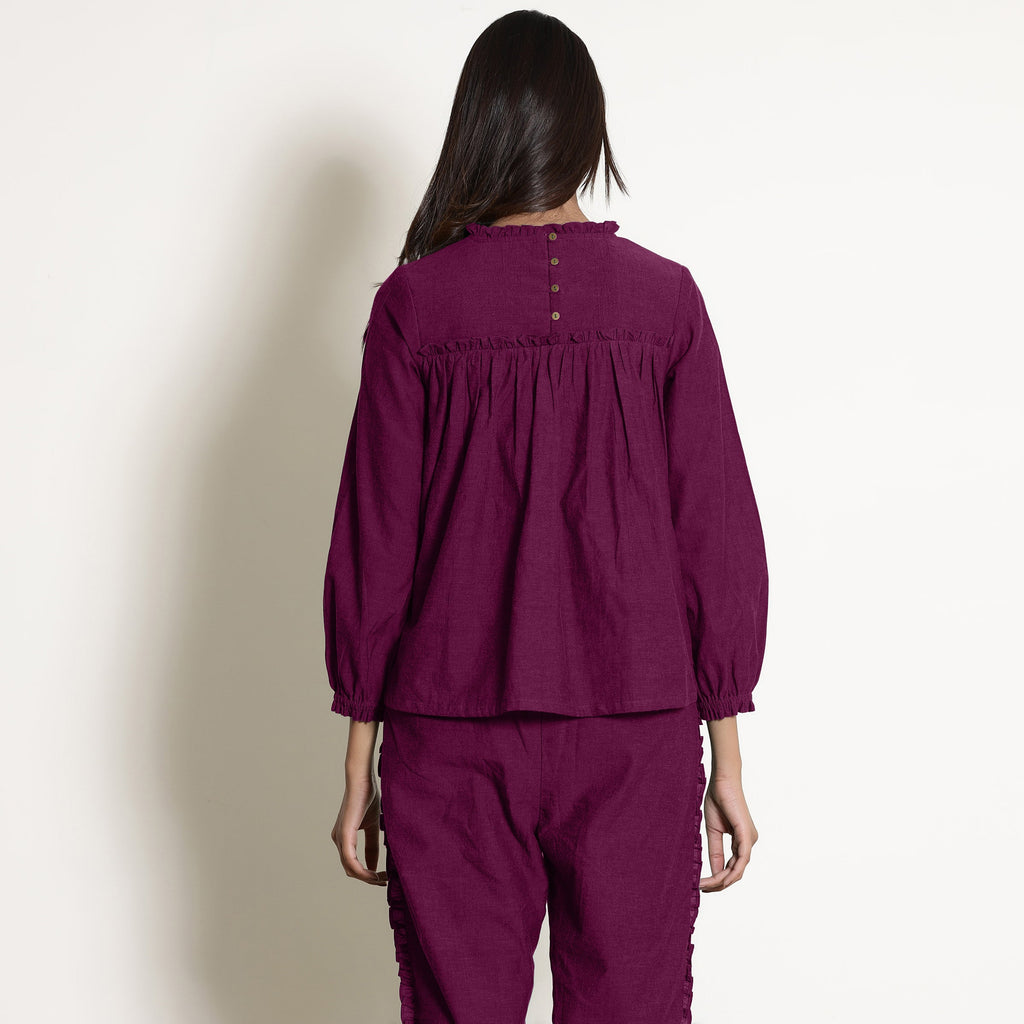 Mulberry Warm Frill Cotton Top and Mulberry Elasticated Pant Co-ord Set