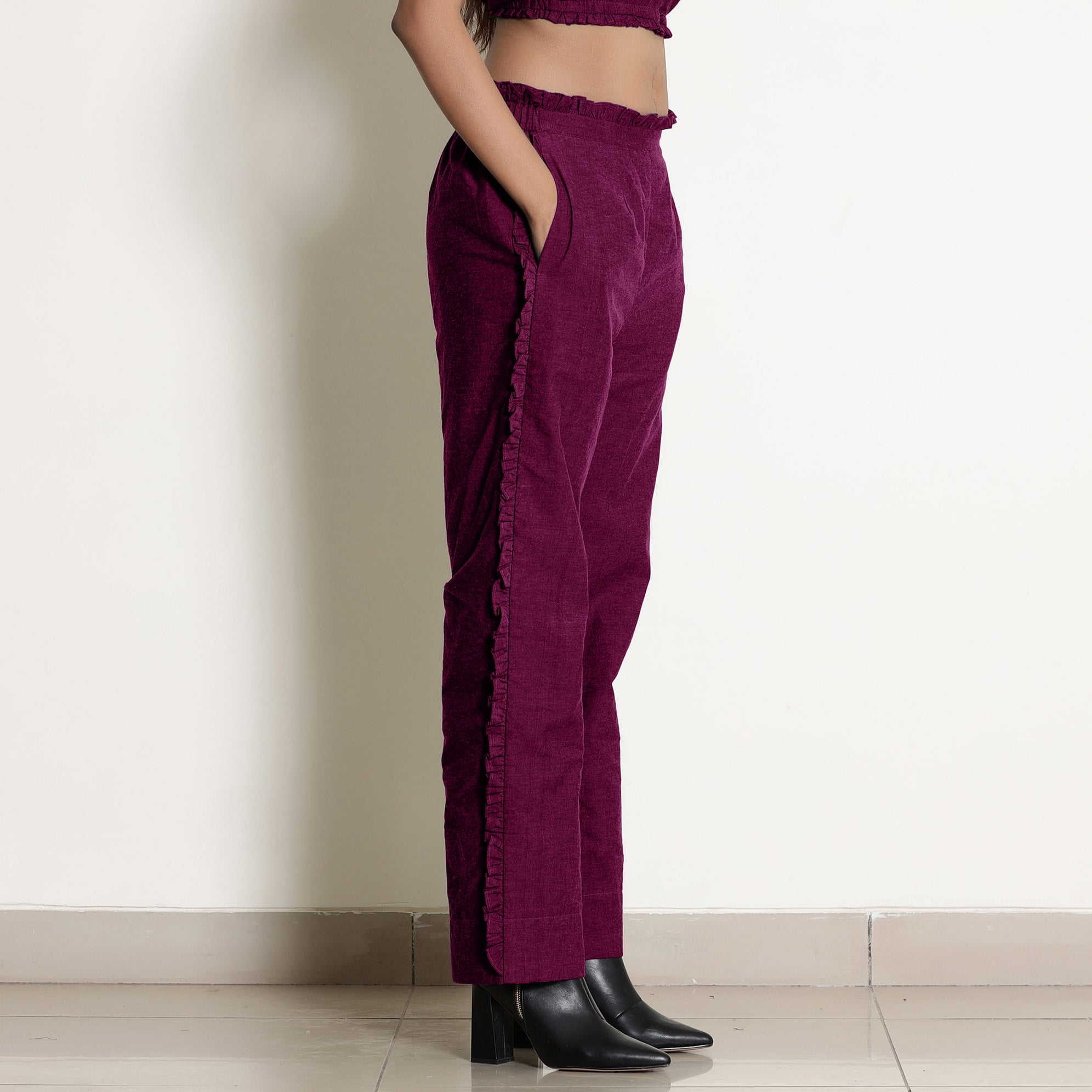 Mulberry Warm Frill Cotton Top and Mulberry Elasticated Pant Co-ord Set