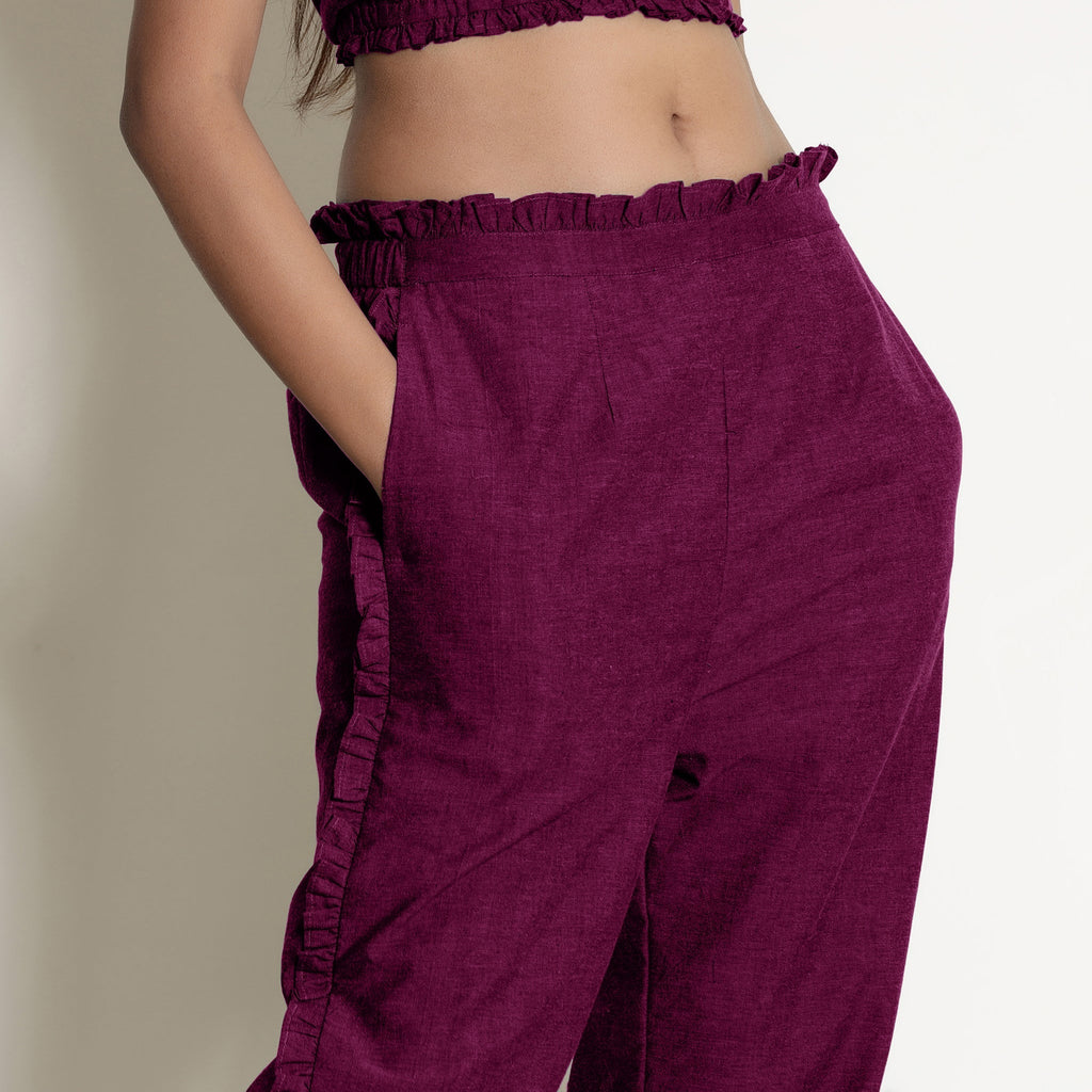 Mulberry Warm Frill Cotton Top and Mulberry Elasticated Pant Co-ord Set
