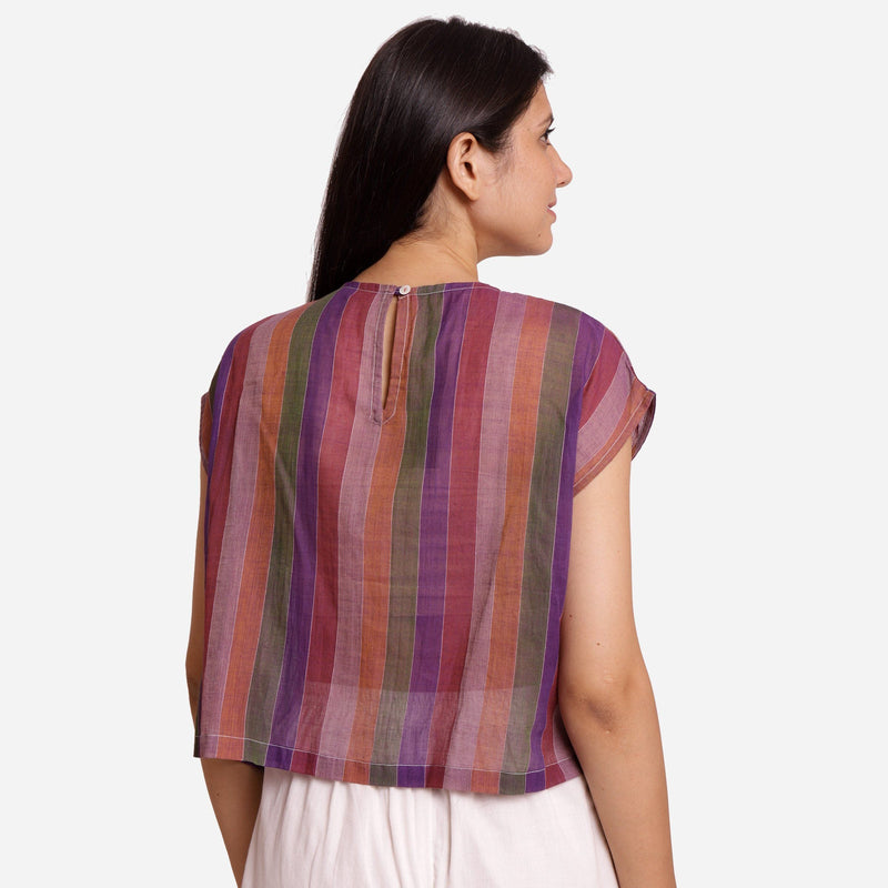 Back View of a Model wearing Multicolor Stripes Handwoven Cotton Top