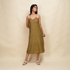 Front View of a Model wearing Mustard Gold 100% Cotton Khadi A-Line Dress