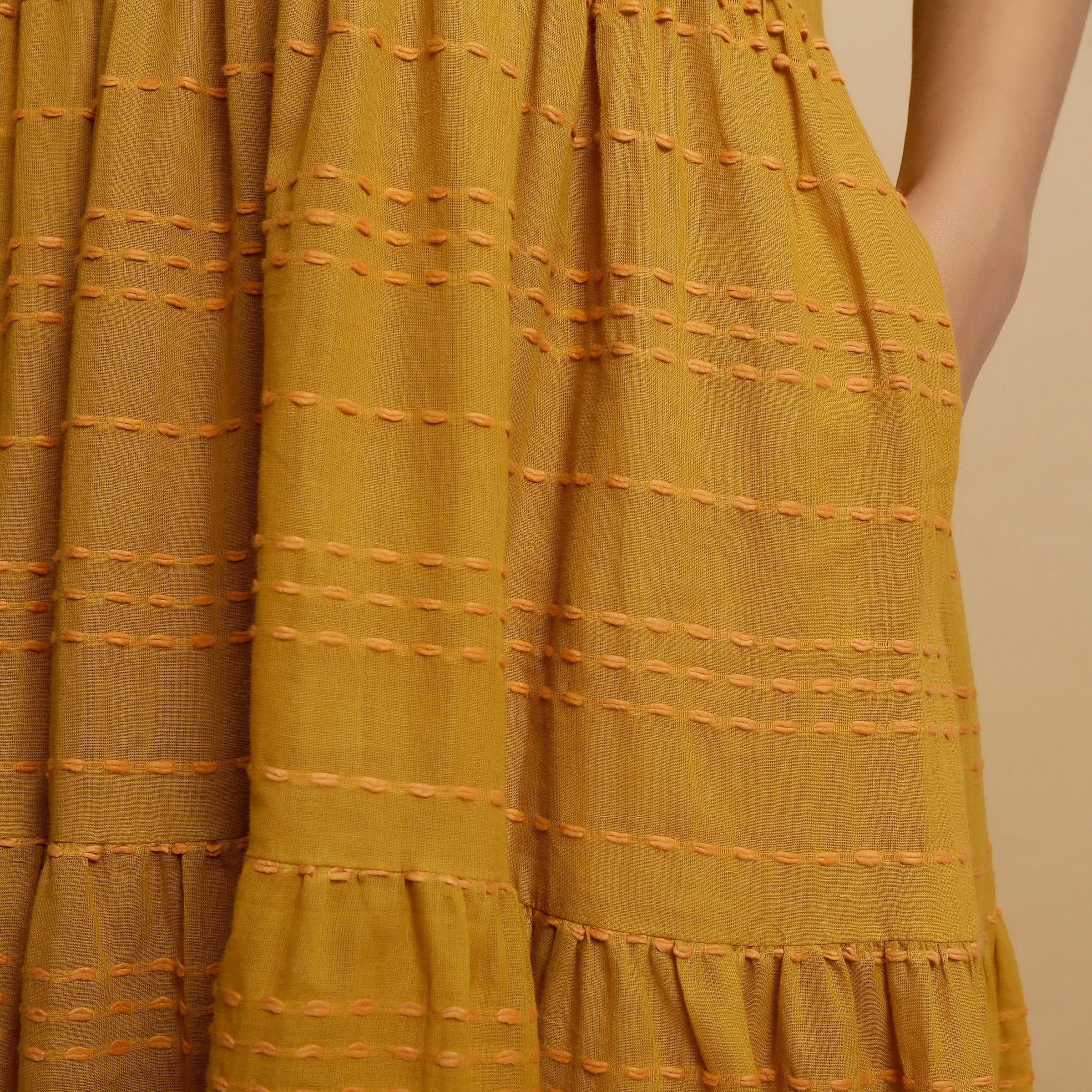 Close View of a Model wearing Mustard V-Neck Handwoven Tier Dress