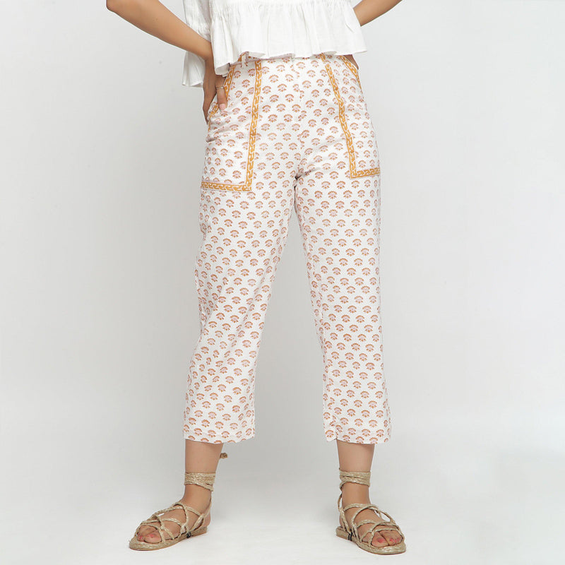 Front View of a Model wearing Hand-Block Printed Floral Straight Pant