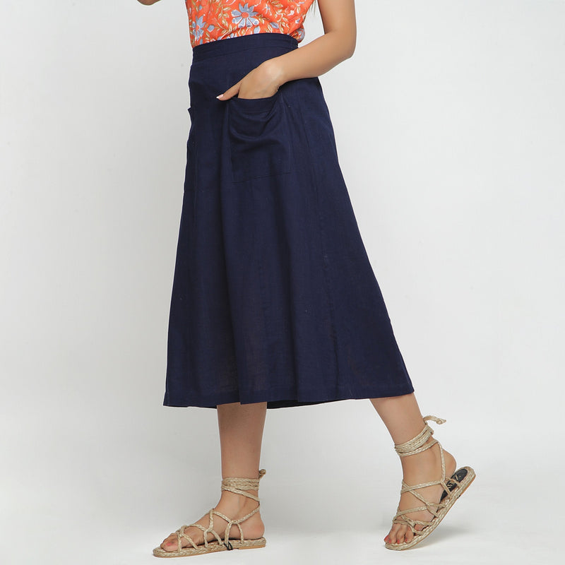 Left View of a Model wearing Navy Blue Cotton Flax A-Line Skirt