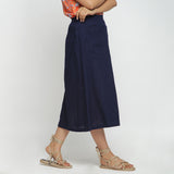 Right View of a Model wearing Navy Blue Cotton Flax A-Line Skirt