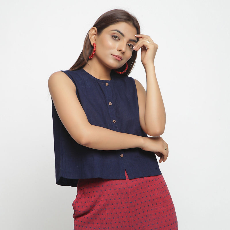 Front View of a Model wearing Navy Blue Cotton Flax Button-Down Shirt