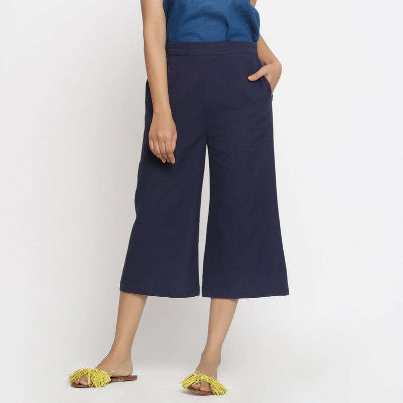 Front View of a Model wearing Solid Navy Blue Cotton Flax Culottes