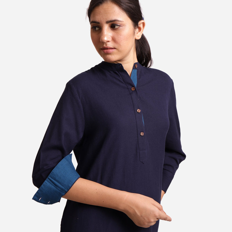 Front Detail of a Model wearing Navy Blue Cotton Flax Shirt Dress