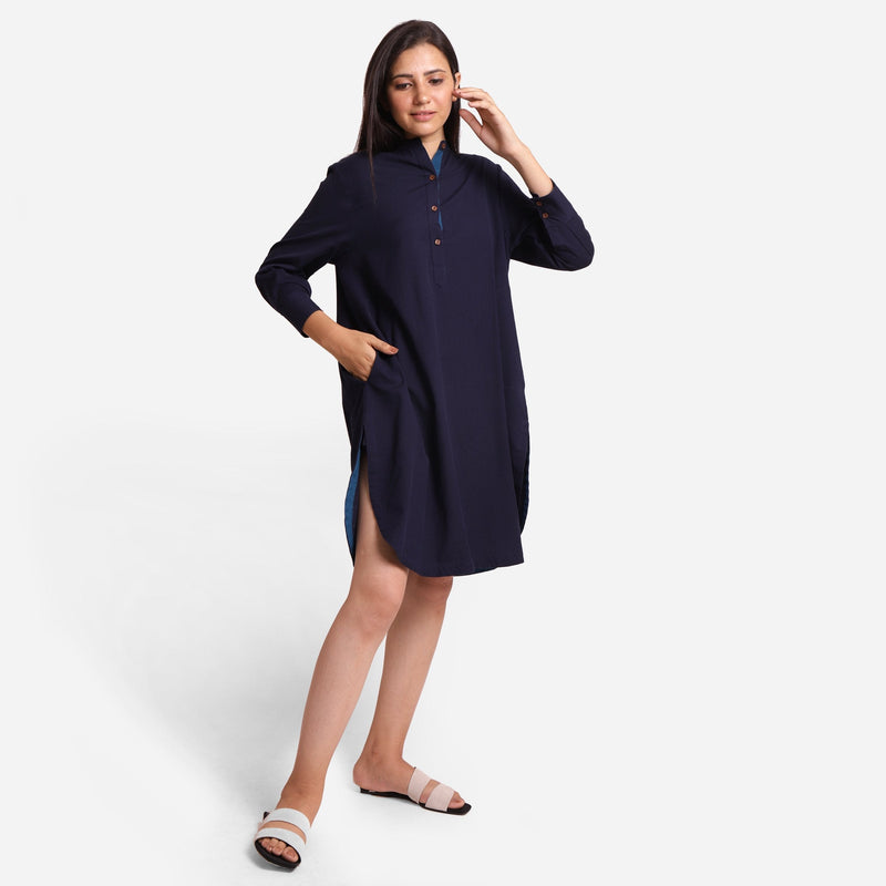 Front View of a Model wearing Navy Blue Cotton Flax Shirt Dress