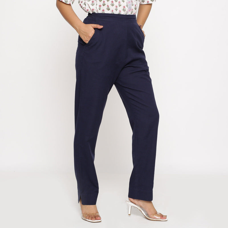 Right View of a Model wearing Cotton Flax Navy Blue Straight Pant