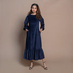 Front View of a Model wearing Navy Blue Cotton Velvet Tier Maxi Dress