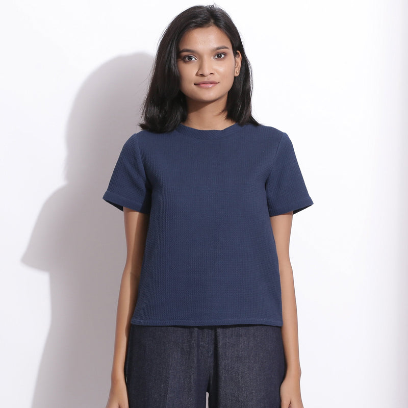 Front View of a Model wearing Navy Blue Cotton Waffle Woven T-Shirt