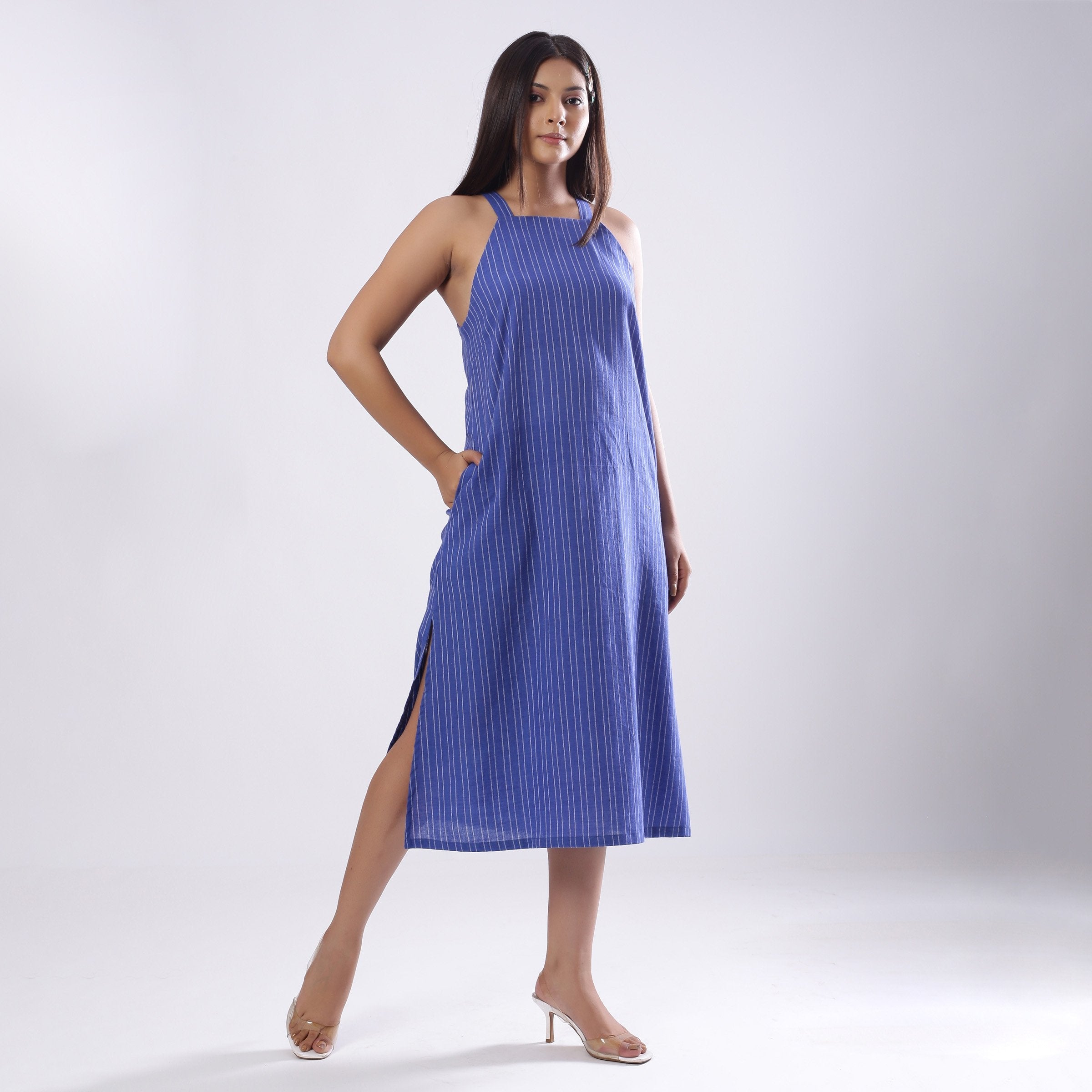 Front View of a Model wearing Navy Blue Handspun Slit Slip Dress