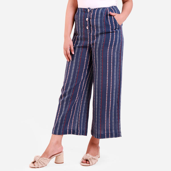 Front View of a Model wearing Navy Blue Crinkled Cotton Striped Culottes